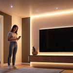 ** Modern home interior with smart lighting system. Showcasing LED lights, stylish luminaires, and a person controlling the lights with a smartphone app. The overall ambiance should be warm and inviting, highlighting the blend of technology and home decor.

**