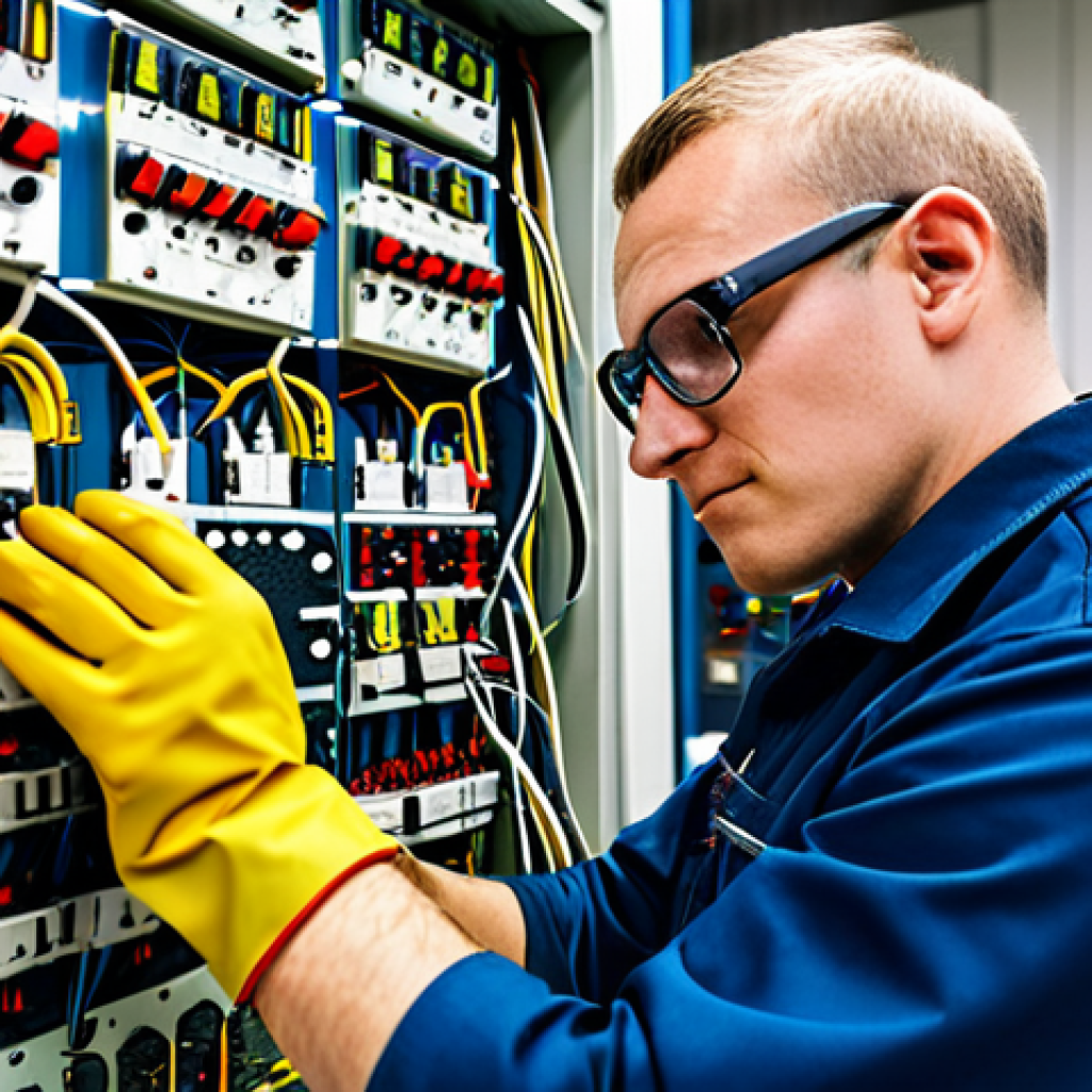 A focused electrical engineering candidate, fully clothed in a professional work uniform, wearing appropriate PPE including safety glasses and work gloves, meticulously connecting wires inside a modern electrical distribution panel during a practical exam. An examiner, also in professional attire, observes from a safe distance. The lab environment is clean and well-lit, with diagrams and specialized tools neatly organized on a workbench, reflecting a scenario of applied theoretical understanding and planning. The subject has perfect anatomy, correct proportions, well-formed hands, proper finger count, and natural body proportions, captured in a natural pose. High-quality professional photography, safe for work, appropriate content, professional, modest clothing.