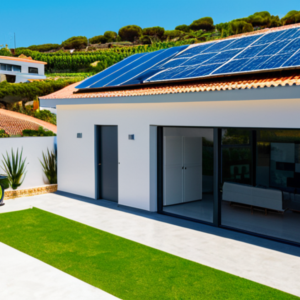 Modern Residential Microgrid**
"A contemporary Portuguese home exterior, featuring solar panels on the roof and a visible, sleek battery storage unit in the garage. Smart energy management interface displayed on a wall-mounted screen. Lush garden, reflecting eco-consciousness. Fully clothed family members casually interact in the yard. Bright, sunny day in the Algarve. Safe for work, appropriate content, fully clothed, professional, perfect anatomy, natural proportions, high quality, safe."
**