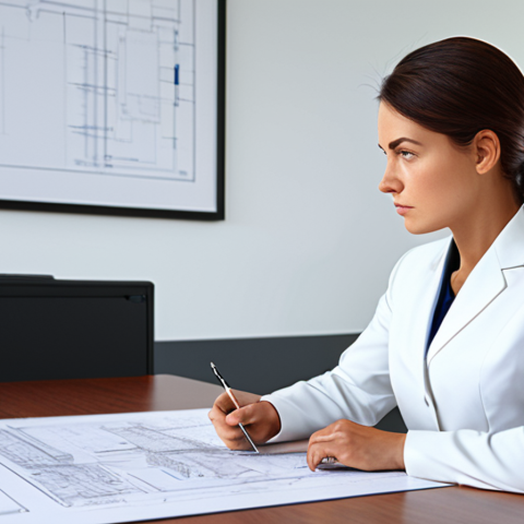 전기분야에서의 경력 전환 성공 사례 - "A determined woman in professional work attire, fully clothed, reviewing electrical schematics at a...
