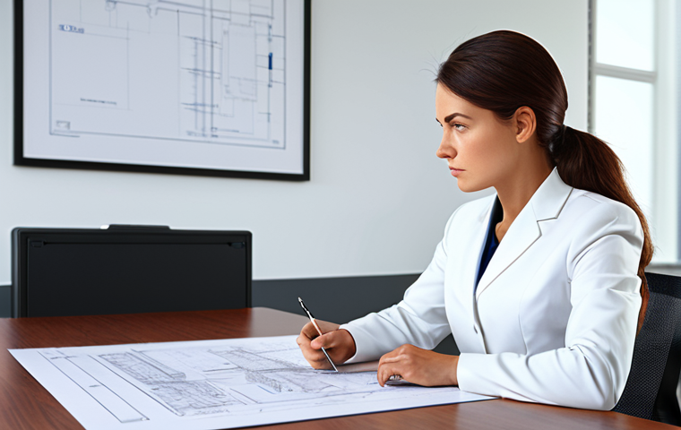 전기분야에서의 경력 전환 성공 사례 - "A determined woman in professional work attire, fully clothed, reviewing electrical schematics at a...