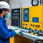 전기분야에서의 실습생 관리 방법 - A professional electrical engineering internship setting in Brazil, featuring a young male intern we...