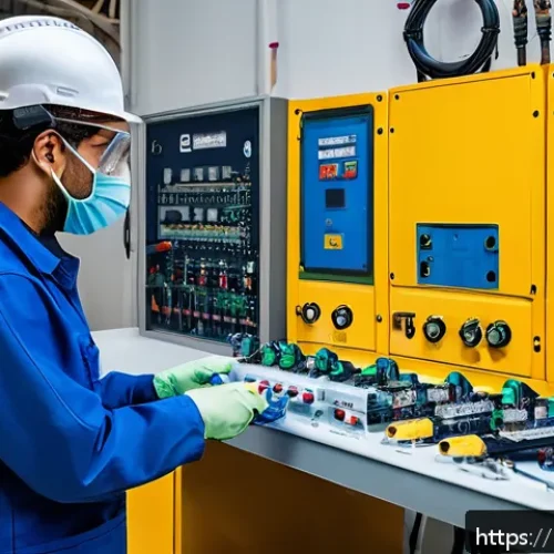 전기분야에서의 실습생 관리 방법 - A professional electrical engineering internship setting in Brazil, featuring a young male intern we...