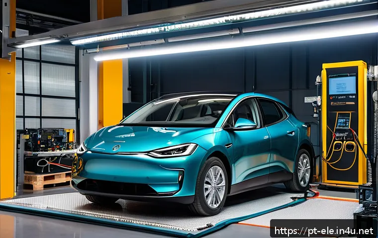 전기기사와 전기차 관련 기술 - A modern automotive workshop in São Paulo, Brazil, specializing in electric vehicle maintenance. The...