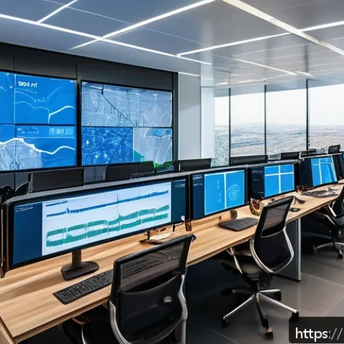 전기공사기사와 전력 계통의 이해 - A detailed urban smart grid control center interior, featuring large digital screens displaying real...