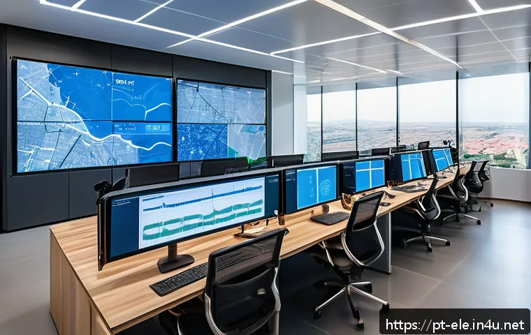 전기공사기사와 전력 계통의 이해 - A detailed urban smart grid control center interior, featuring large digital screens displaying real...