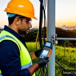 전기공사기사와 배전망 관리 - Photorealistic Brazilian electrical engineer in full safety gear inspecting a modern urban power dis...