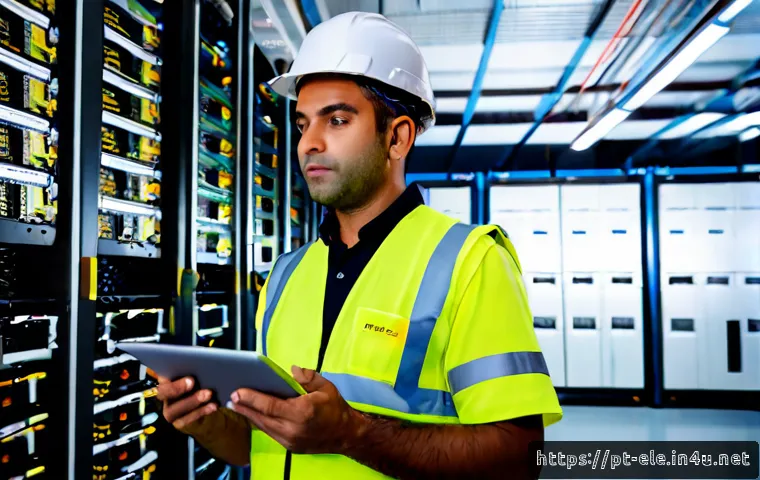 전기기사와 데이터 센터 전력 설계 - Photorealistic Brazilian electrical engineer in safety helmet and reflective vest reviewing a tablet...